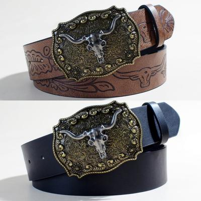 Western Denim Belt Silver Bull Head Big Board Mouth Retro Men'S And Women'S Embossed Pu Niche Punk Leather Belt