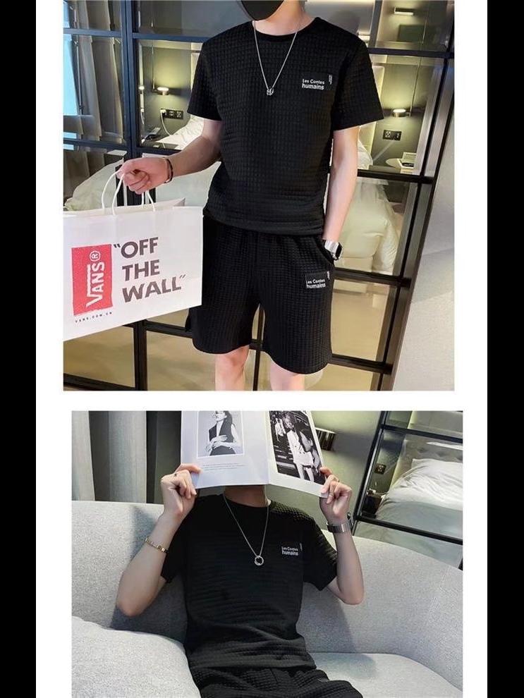 Herr Trendig Våfflad Kortärmad T-shirt och Shorts Sommarset