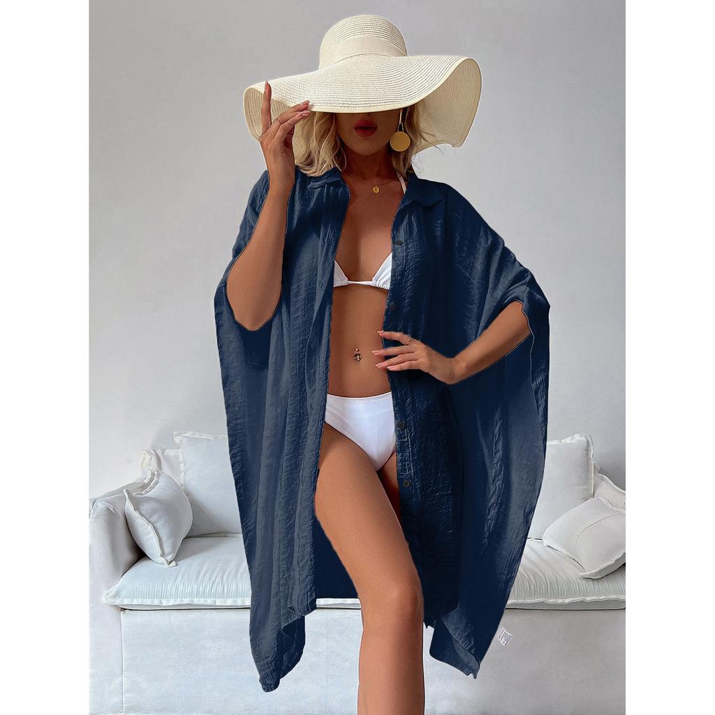 Strand-Shirt Damen Badeanzug Cover Up Solide Fledermausärmel Lose Weiche Badeanzüge Tunika Kimono Kleid Pareo Beachwear
