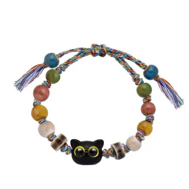 Colorful Cord Black Cat Bracelet Ceramic Beads New Fall Fashion Unisex Animal Jewelry