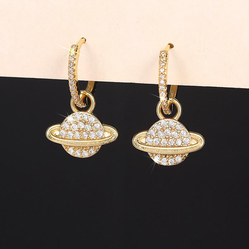 Micro Paved Clear Cubic Zirconia Saturn Charm Drop Earrings Full Stone Inlaid Small Hoop Gold Tone Cosmic Ladies Accessories