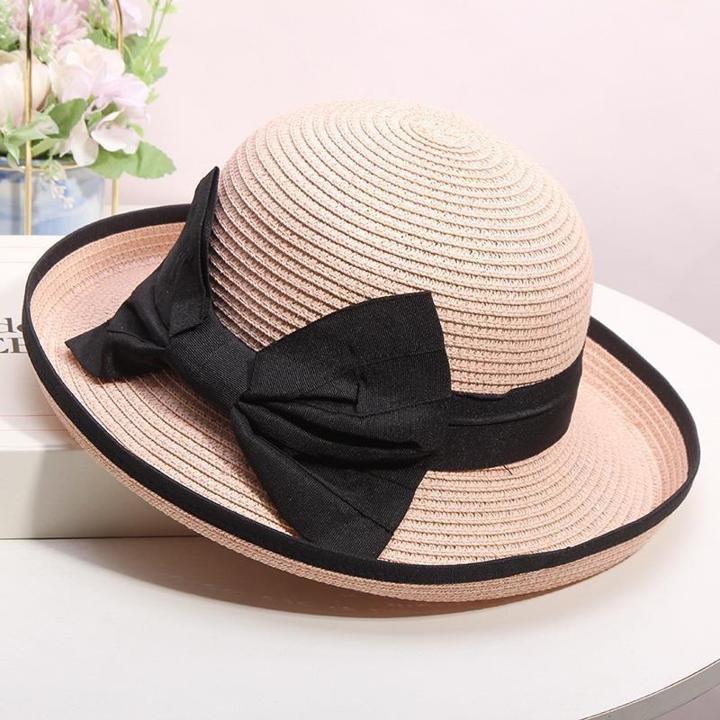 Elegant Straw Sun Hat with Black Big Bow - Wide Brim, White & Black Dome, Perfect for Summer and Formal Occasions,Tea Party