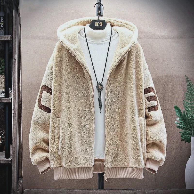 Men's Large Lambskin Hooded Jacket - Autumn/Winter, Hong Kong Style, Loose Fit, Casual & Warm Cotton Jacket for Couples