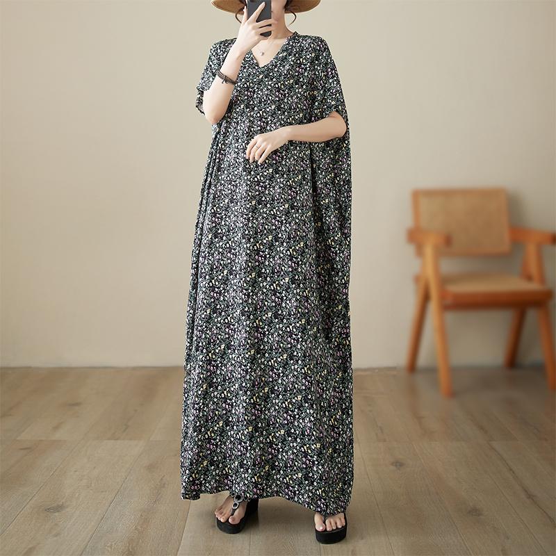 DIMANAF 2024 Plus Size Summer Beach Long Dress Women V-Neck Floral Print Holiday Fashion Casual Short Sleeve Loose Dress 677