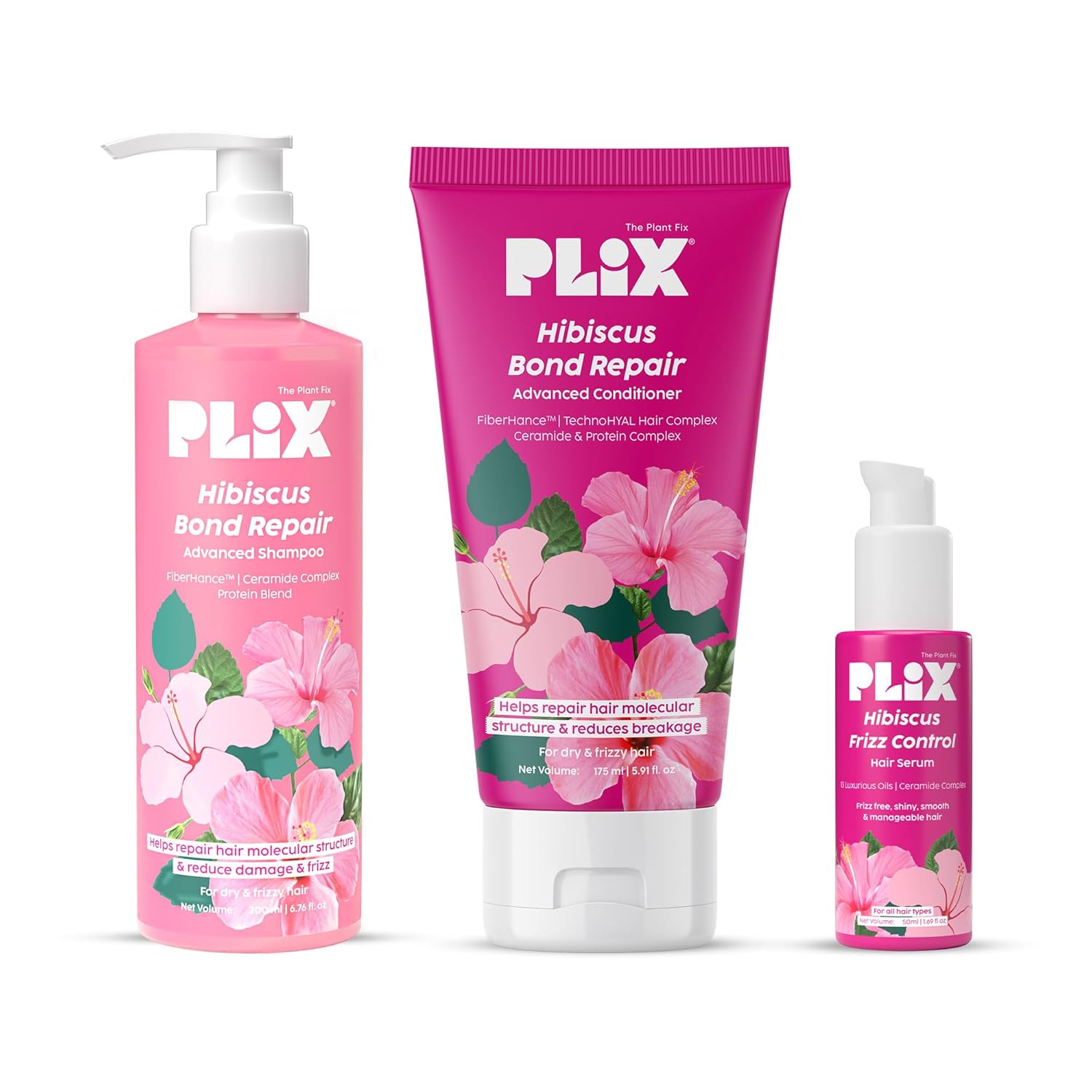 PLIX The Plant Fix Hibiscus Hair Serum Shampoo Conditioner 3 Pack 50ml 200ml 175ml Frizz Control