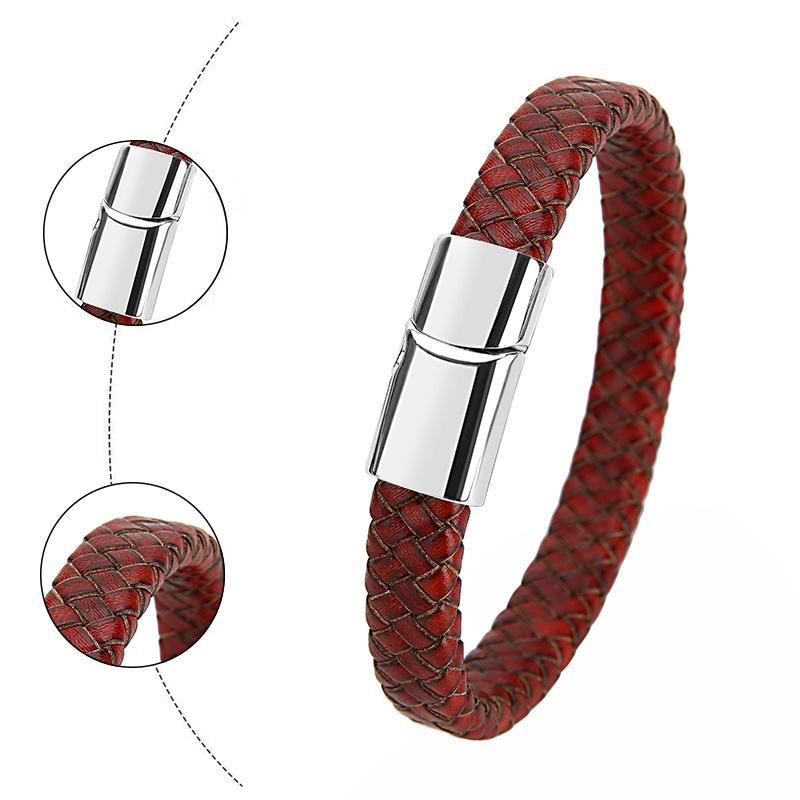 Retro Genuine Leather Men's Woven Cord Bracelet with Magnetic Buckle
