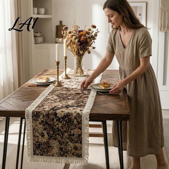 Farmhouse Style Table Cover Floral Jacquard Runner Boho Fringed Retro Vintage Runners for Dining Table Home Party Decor Autumn Decorations