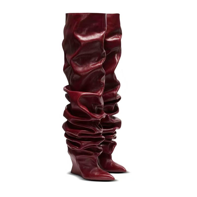 Women Pointed Toe Wedges Wrinkles Boots Leather Over The Knee Boots Classic Sexy Ladies High Heels Short Boots For Women