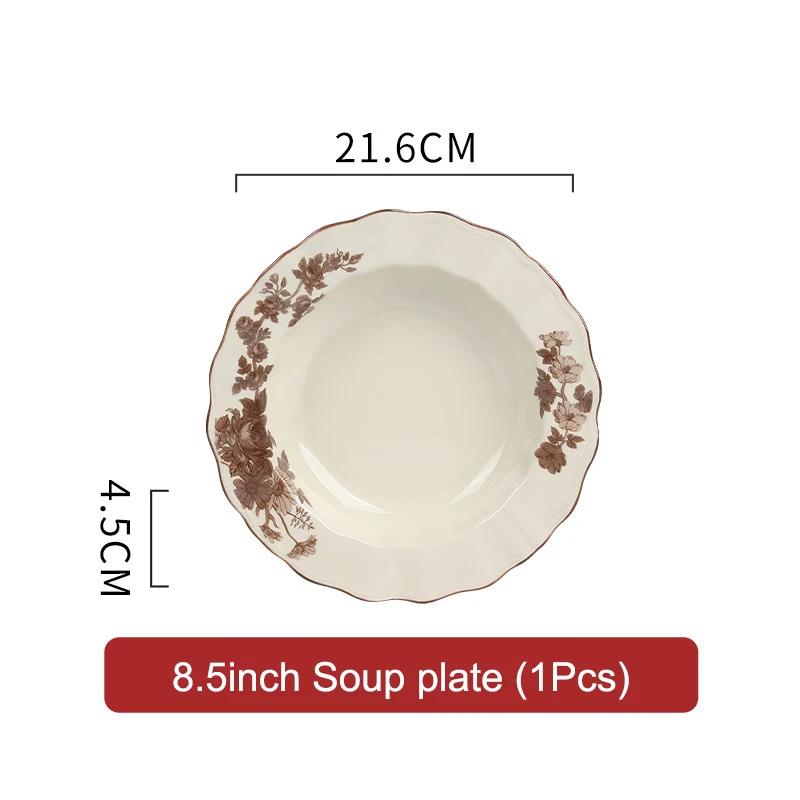 SOLECASA European Style Retro Ceramic Tableware Rose Pattern Bowl Plates Dessert Dish Spaghetti Plate Fruit Salad Bowl household