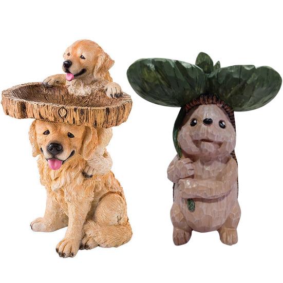 Resin Birdbath Wild Bird Feeder Cute Dog Hedgehog Garden Ornament Outside Sculpture Bases Decor for Nature Lover Yard Garden