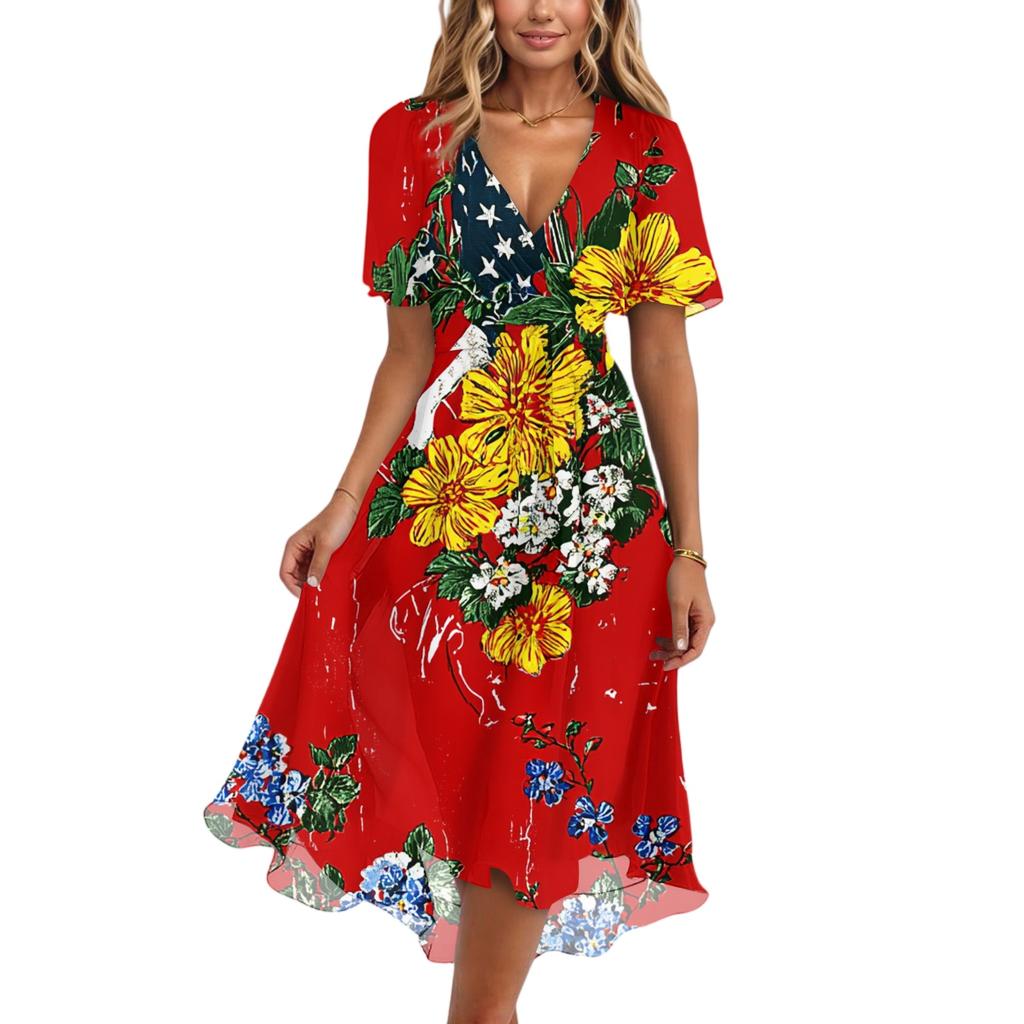 Women's Fashionable Casual V-neck Short-sleeved Independence Day Printed Dress
