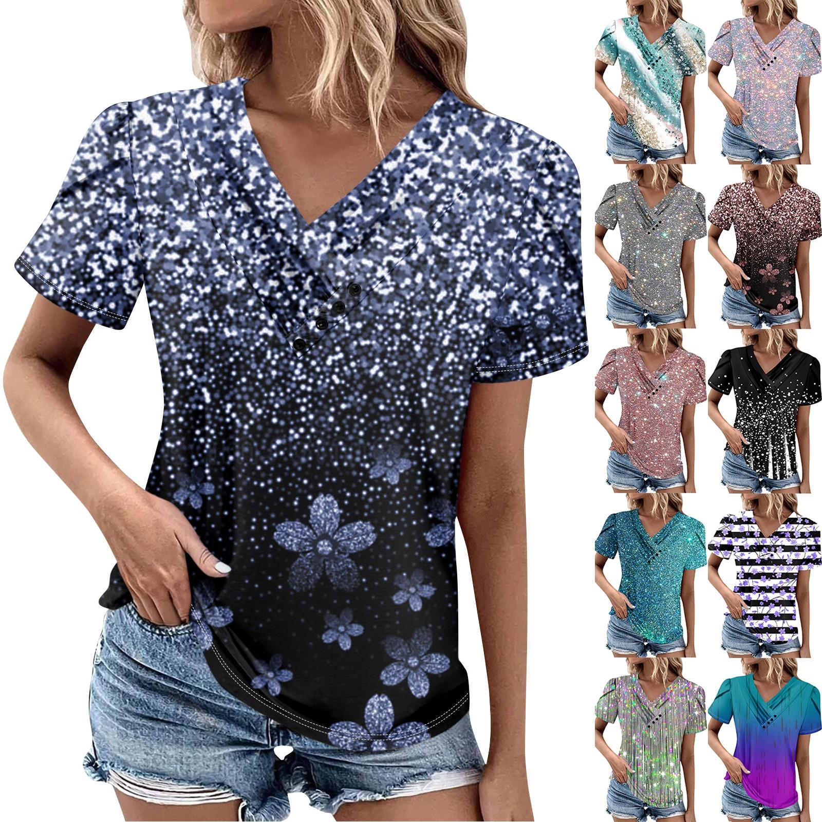 

Женская футболка, повседневная футболка с v-образным вырезом и короткими рукавами, однотонный топ на пуговицах