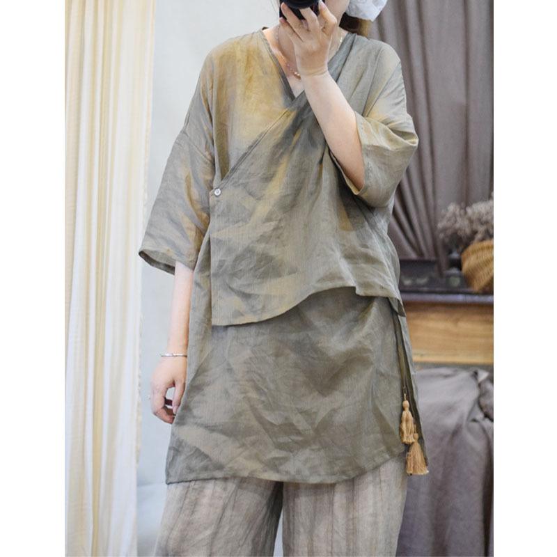 

Johnature женская весенняя винтажная рубашка в китайском стиле с короткими рукавами однотонная рубашка One Size легкие хаки