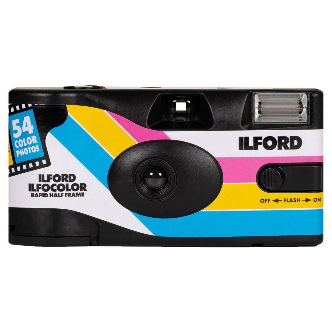 

Ilford Ilfocolor Rapid Half Frame Camera with Preloaded 35mm 400 ISO Fixed Focus 31mm 54 Exposures Single-Use Film, Lens, (Black) чорний