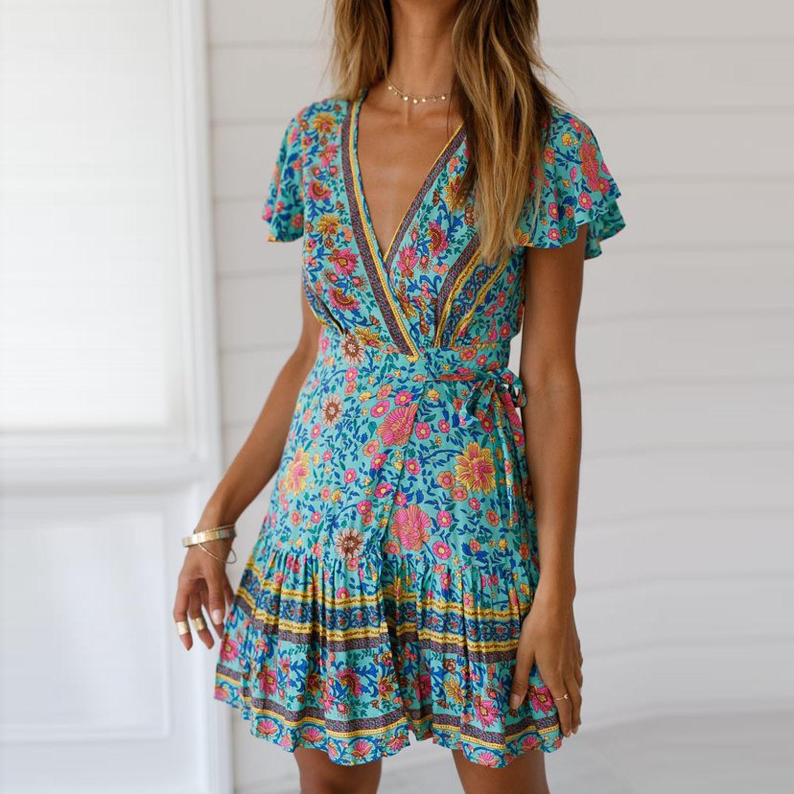 

Women s Fashion Casual Summer V-Neck Sexy Bohemian Print Women s Dress L зелений