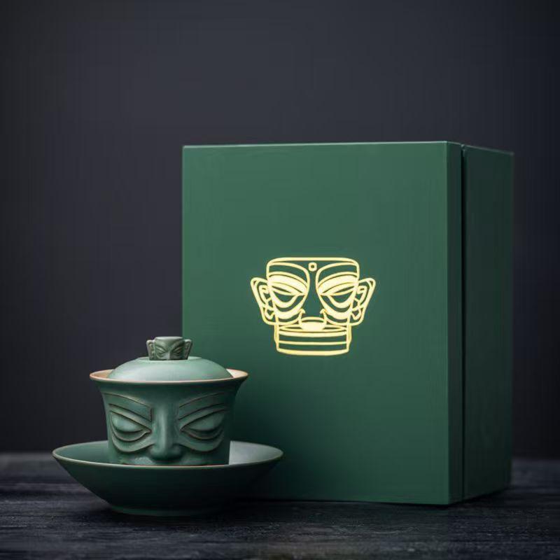 Bronze mask Sanxingdui gift portable travel tea set ceramic merchandise express cup business souvenir