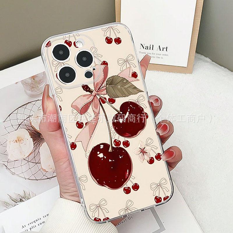 Bow red cherry for apple 1716promax transparent iPhone15/14/13/12/11 phone case iPhone 11
