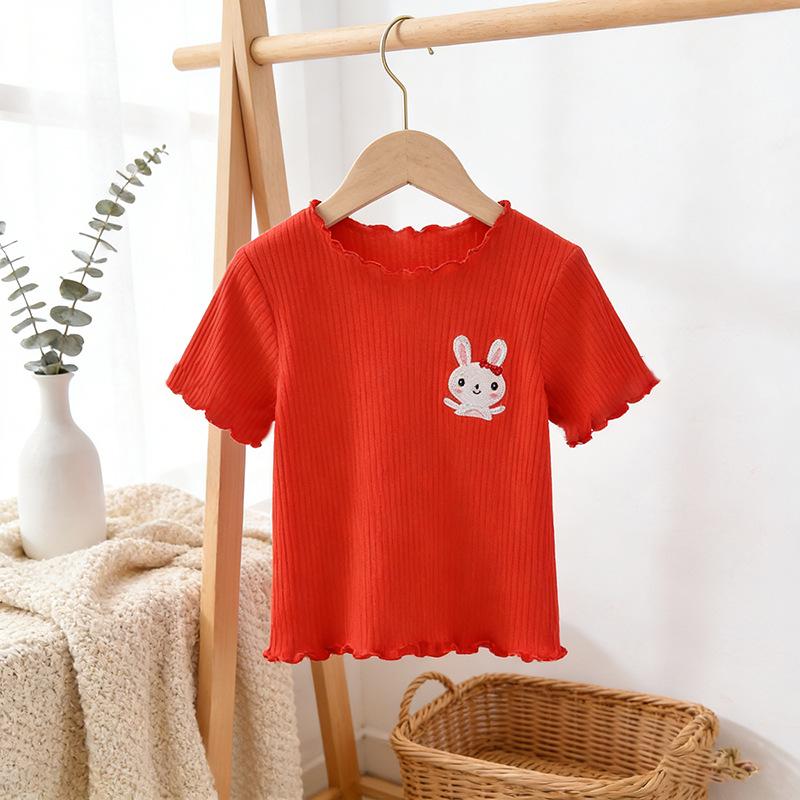 Kids' Cute Cartoon Embroidered T-Shirt - Ice Silk, Short Sleeve, Ruffle Design for Summer