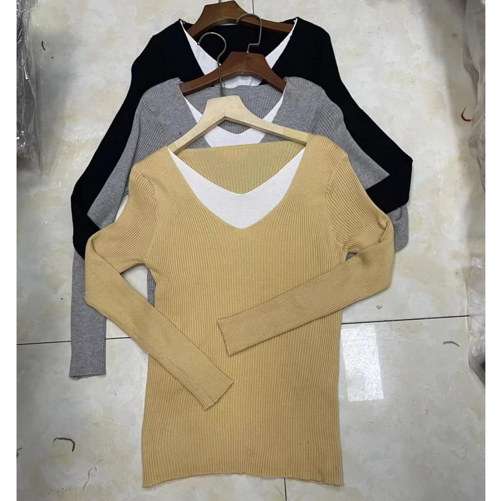 GMXIA Gentle Wind Design Sense Fake Two V-neck Knitwear Women's Autumn Top with The Bottom Women Sweaters