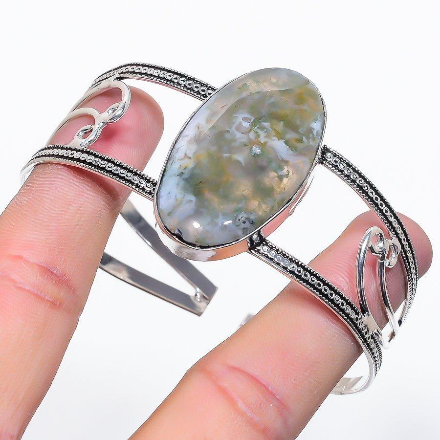 

Natural Indian Moss Agate Gemstone 925 Sterling Silver Cuff Bangle Adj n1O00