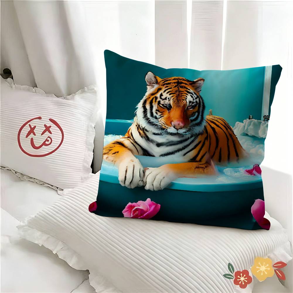 pc Colorful Bathtub Animal Tiger Pillow Case Fashion Square Pillowcase Bedroom Sofa Room Ins Decoration Leisure