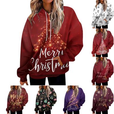 Damenmode Sweatshirt Weihnachtsdruck Lässiges Kapuzensweatshirt mit Taschen