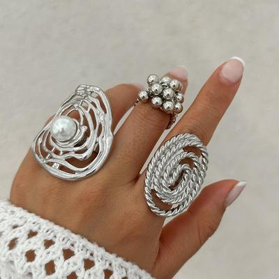 Women Fashion Jewelry Geometric Oval Rings Irregular Creative Adjustable Imitation Pearl Finger Rings Vintage Party Gifts