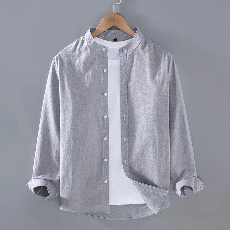 Spring Summer Men's Linen Shirt Pure White Stand Collar Long Sleeve Henley Soft Comfortable Simple Slim Fashion