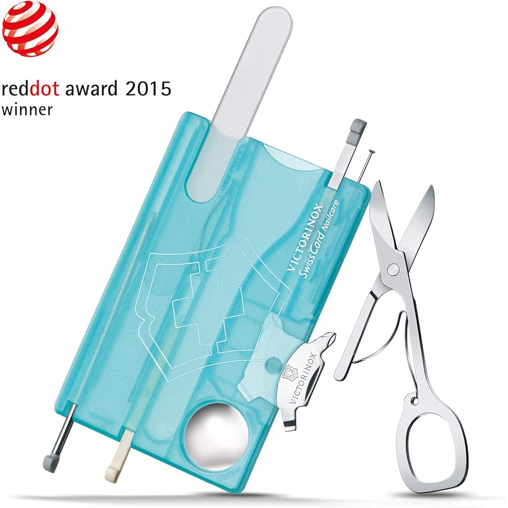 Victorinox SwissCard Cuidado de Uñas Azul Hielo Lima de Uñas Transparente de Vidrio con Tijeras 13 Funciones Herramienta Compacta de Emergencia