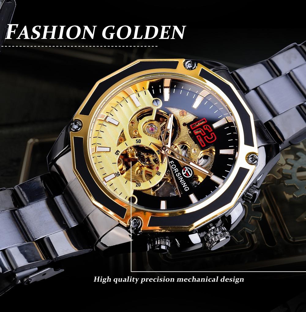 Luxuriöse mechanische Armbanduhren, goldenes Skelett-Zifferblatt, Edelstahlstreifen, automatische Uhren für Männer, transparente Uhr