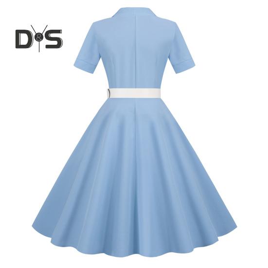 Damekjole V-hals Revers Enkeltspent med Belte A-linje Stort Sving Skreddersydd Høy midje Ensfarget Retro Kortermet Prinsessestil Dame Midikjole