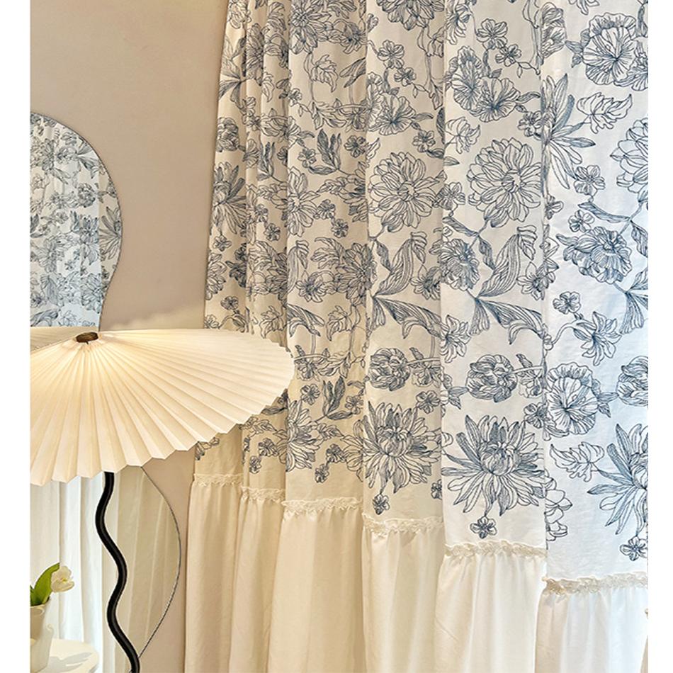 Korean Rufffle Embroidery Curtains Road Pocket Shade Curtain Floral for Kitchen Bedroom Living Room Bay Window Cabinet Curtain