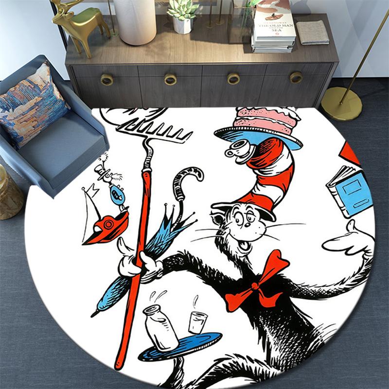 The Cat in the Hat Round Area Rug,Carpet Rug for Living Room Bedroom Sofa Playroom Decor,Non-slip Floor Mat
