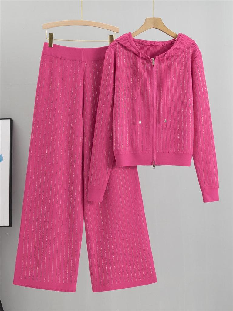 Conjunto de Calças de Perna Larga e Cardigã de Malha com Capuz - Moda Europeia Feminina Casual Outono/Inverno com Detalhes em Strass
