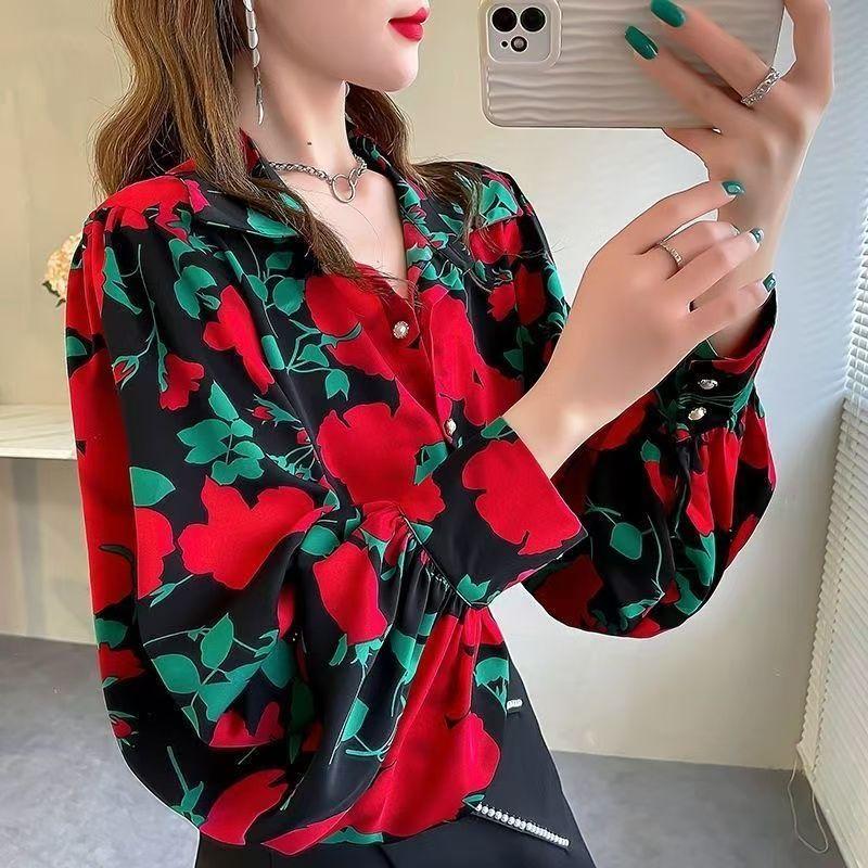 Retro Women's Printed Shirt Slim-fit Lantern Sleeve Floral Shirt Collared Chiffon Shirt Spring