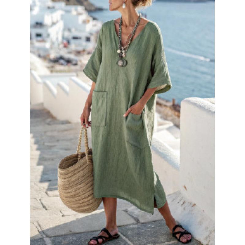 3D digital printing V-neck five-quarter sleeve long pocket Kaftan dress