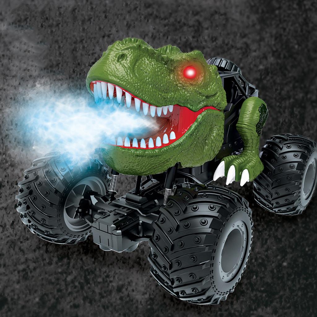 Remote Control Dinosaur Car Triceratops Green RC Stunt Car Toy with Spray and Light