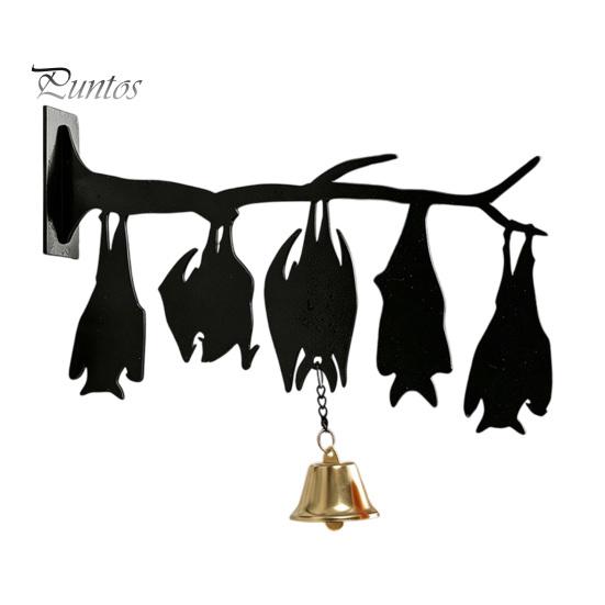 Festive Entrance Hanging Bell Halloween Wall Decor, Matte Black Dead Branch Bat Silhouette Ornament Courtyard Decoration with Metal Bell, Easy Install