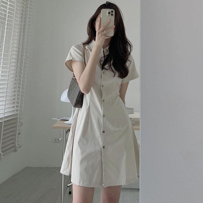 Korean Chic Summer Lapel Dress - Slim, Short-Sleeved, Single-Breasted Style