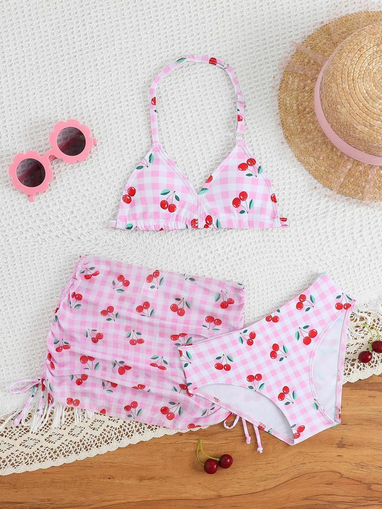 2025 Cute Girls' Three-Piece Bikini Swimsuit with Chest Pads for Middle and Older Children