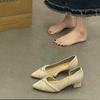 Retro versatile pearl pointed head shallow mouth medium heel thick heel casual high heels women's 2025 spring new French single shoes