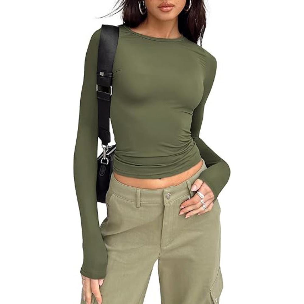 Women's Top for Spring and Autumn Base, Women's High-end Round Neck Long Sleeved Pullover, Slim Fit Milk Silk T-shirt
