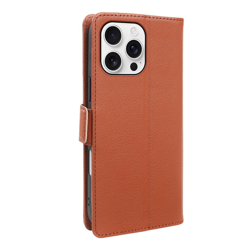 For iPhone 16 Pro Max Wallet Case with Dual Magnetic Clasp Litchi Textured Leather Flip Stand Phone Cover