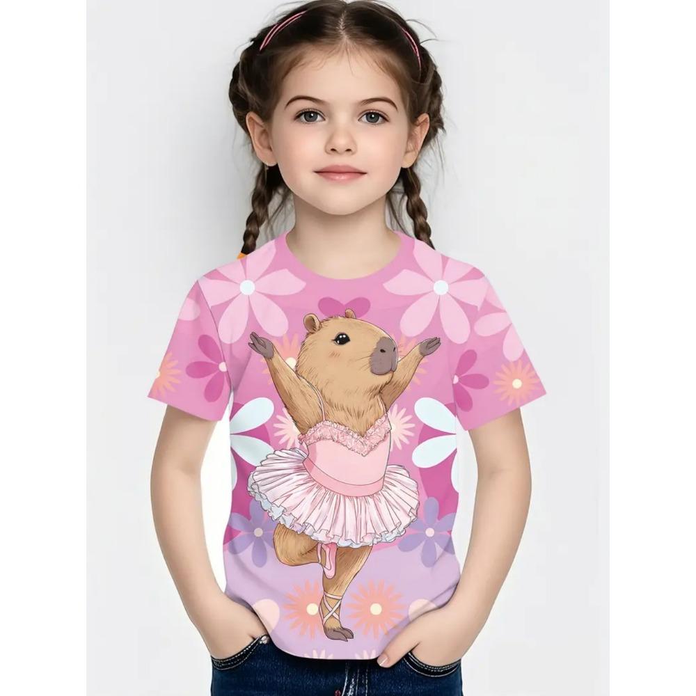 Summer T-Shirts for Girls Fashion Capybara Kids Clothes Girls Clothes Cute Cartoon Print Girl Tees Tops Child T-Shirt