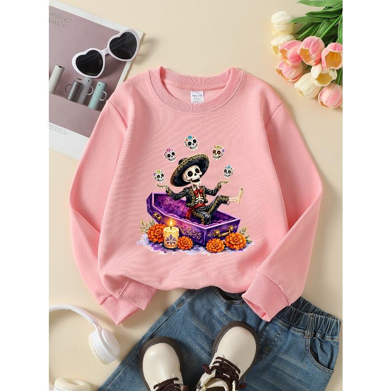 Girls' Long-Sleeve Round Neck Sweatshirt with Printed Design Day of The Dead Skeleton Suitable for Spring And Autumn, Fashionable And Casual