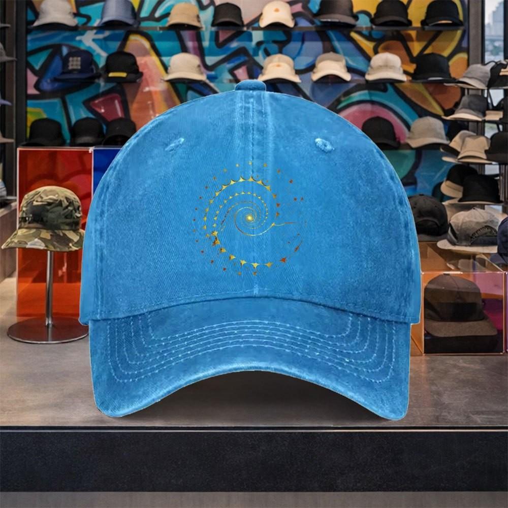 Golden Spiral Pattern Washed Denim Baseball Cap Adjustable Sun Hat Unisex Outdoor Travel Accessory