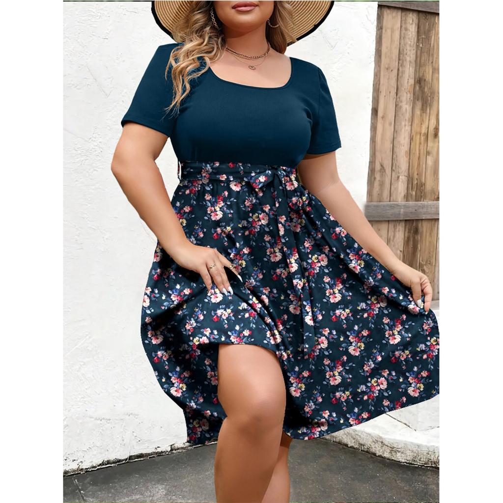 Damska Modna i Trendy Sukienka z Krótkim Rękawem i Okrągłym Dekoltem z Nadrukiem w Talii w Dużym Rozmiarze