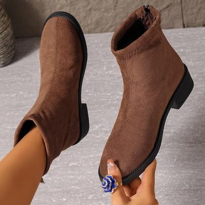 Botas Chelsea de camurça sintética femininas com zíper, bico redondo, salto baixo, botinhas de tornozelo, sapatos femininos, outono inverno, salto grosso em bloco, botas curtas para caminhada
