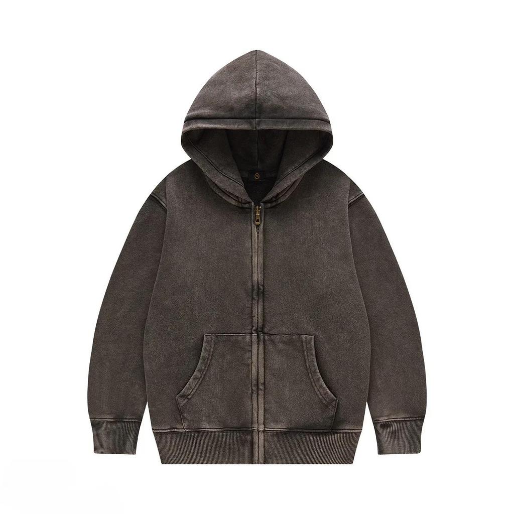 Odzież wierzchnia dla dzieci 2025 Jesień Modne Cool 350G Bawełna frotte Vintage Bluzy z kapturem na zamek Chłopcy Dziewczynki Casual Sportowe Topy Ubrania dla dzieci