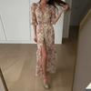 Women Fashionable Retro Printed Bubble Sleeve Slit Dress